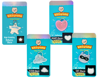 Kittyrama reflective collar charm – lightweight, waterproof accessory for cat safety during nighttime outings.
