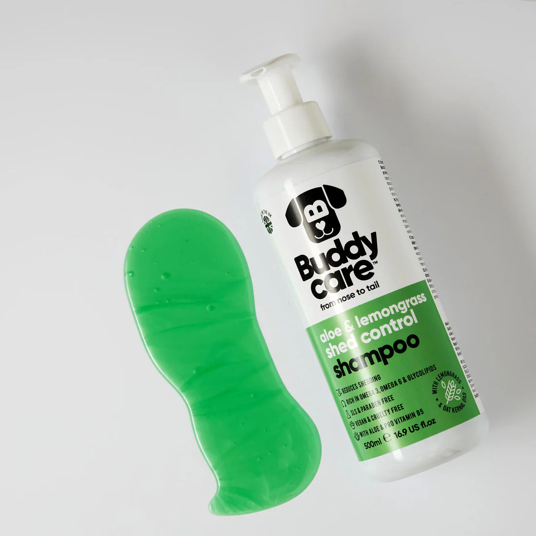 Buddycare Shed Control Dog Shampoo ingredients include Omega 3 & 6, Aloe Vera, Pro Vitamin B5, and lemongrass oil.
