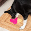 Dog interacting with a pink and yellow toy on a textured rug