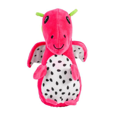 Plush dragon toy with pink body, black spots, and green horns on a white background