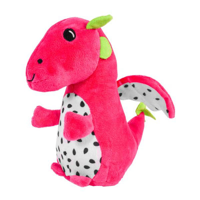 Plush toy dragon with pink body, green accents, and spotted white and black belly on a white background