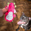 Dog looking at a pink dragon toy held by a person on a wooden floor.