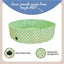 Green checkered pet pool with text about material and features on a beige background