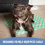 Dog sitting on a green checkered mat with text 'Designed to help keep pets cool!'.