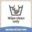Washing instructions label with hands wiping a surface and text 'Wipe clean only'.