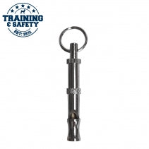 Dog training tool with a whistle on a white background, featuring the Training & Safety logo.