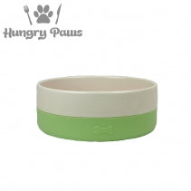 Green and beige pet bowl with 'Hungry Paws' branding on a white background