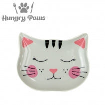 Cat-shaped bowl with pink accents on a white background, featuring the brand 'Hungry Paws'.