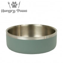 Dog bowl with metallic interior and green exterior on a white background, branded 'Hungry Paws'.
