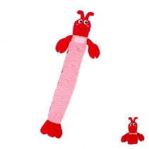 Red and pink plush toy resembling a lobster on a white background