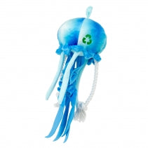Blue jellyfish-shaped toy with recycling symbol on a white background