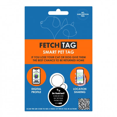 Fetch Tag smart pet tag packaging with blue and orange design on a white background