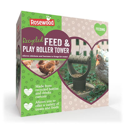 Rosewood recycled feed and play roller tower packaging with chickens on a white background