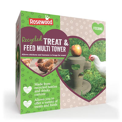 Rosewood Recycled Treat & Feed Multi Tower packaging with images of chickens and text on a white background