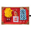 Toy hot dog set with bun, mustard, napkin, and cutlery on a red tray with a wooden border.