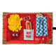 Toy hot dog set with bun, mustard, napkin, and cutlery on a red tray with a wooden border.
