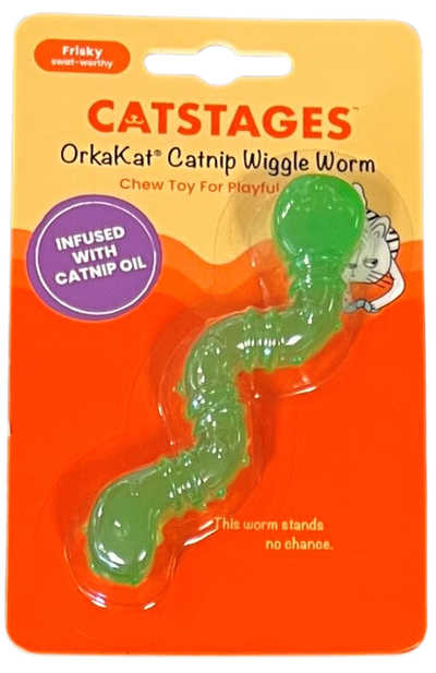 Catstages OrkaKat Catnip Wiggle Worm chew toy packaging on an orange background