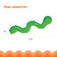 Green toy worm with measurements on a white background