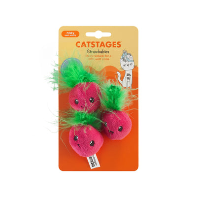 Cat toy with pink strawberries and green leaves on a 'Catstages' packaging.