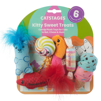 Packaged cat toy set with colorful toys and 'Catstages' branding on a white background