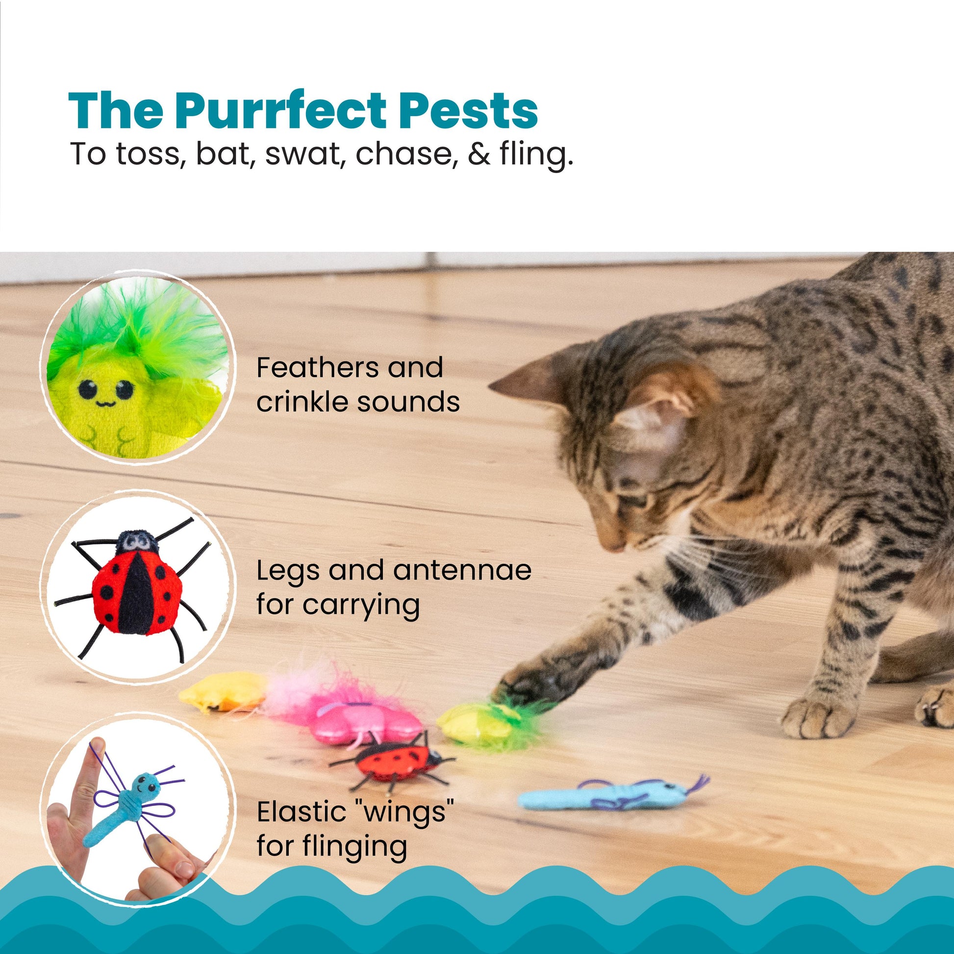 Cat playing with 'The Purrfect Pests' toy set on a wooden floor.