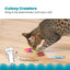 Cat playing with colorful toys on a wooden floor, with text about 'Cutesy Crawlers' and a cartoon cat.