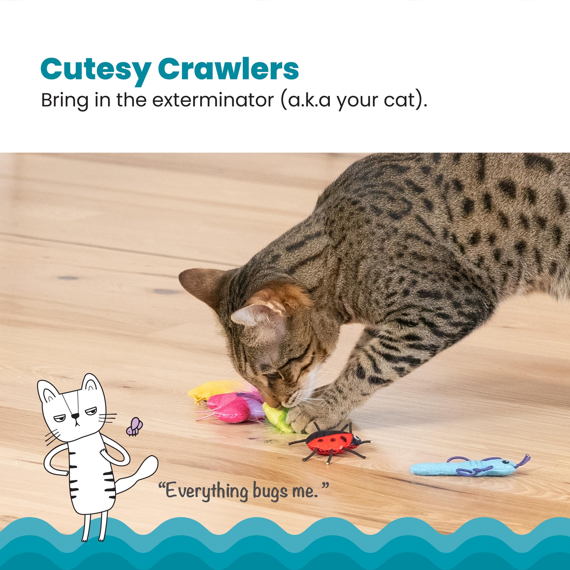 Cat playing with colorful toys on a wooden floor, with text about 'Cutesy Crawlers' and a cartoon cat.