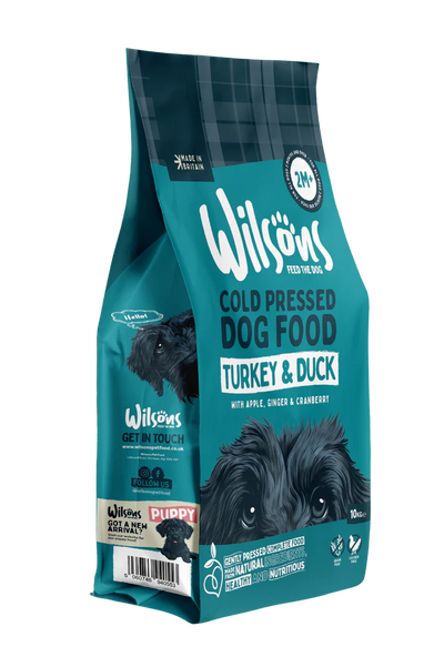 Wilson's cold pressed dog food package for puppies with turkey and duck on a white background