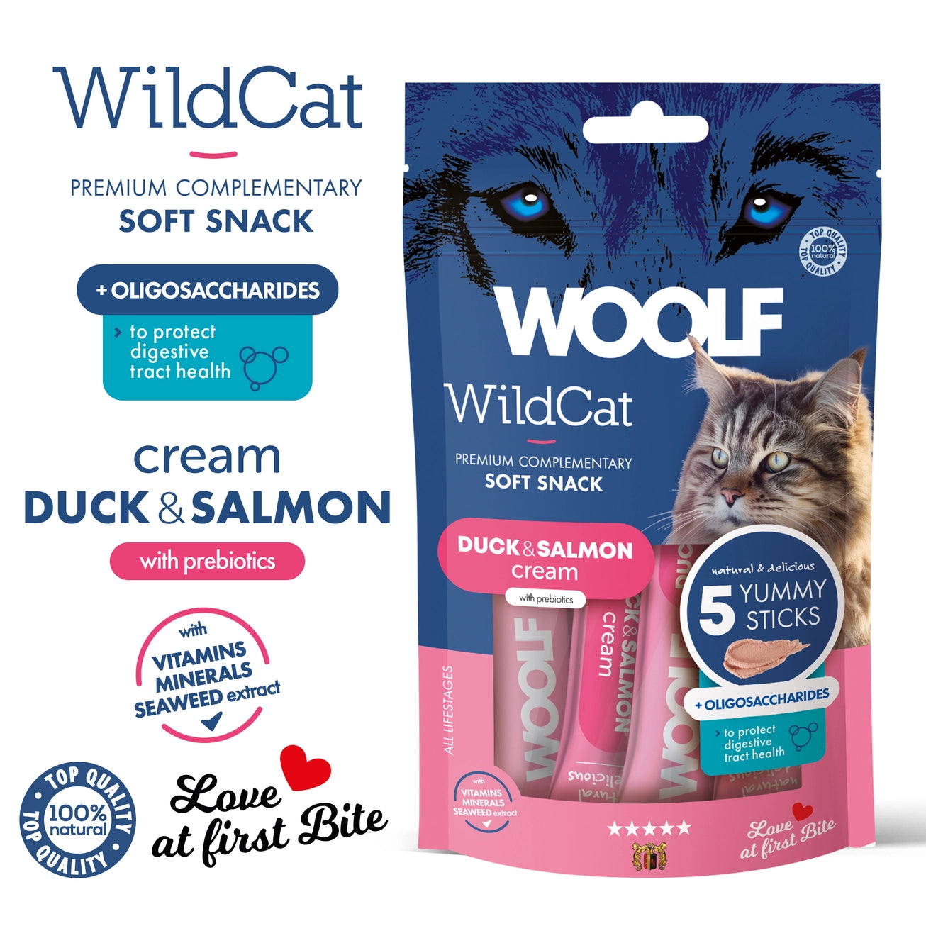Woolf Wildcat Cream Cat Treats Duck & Salmon 5 x 14g