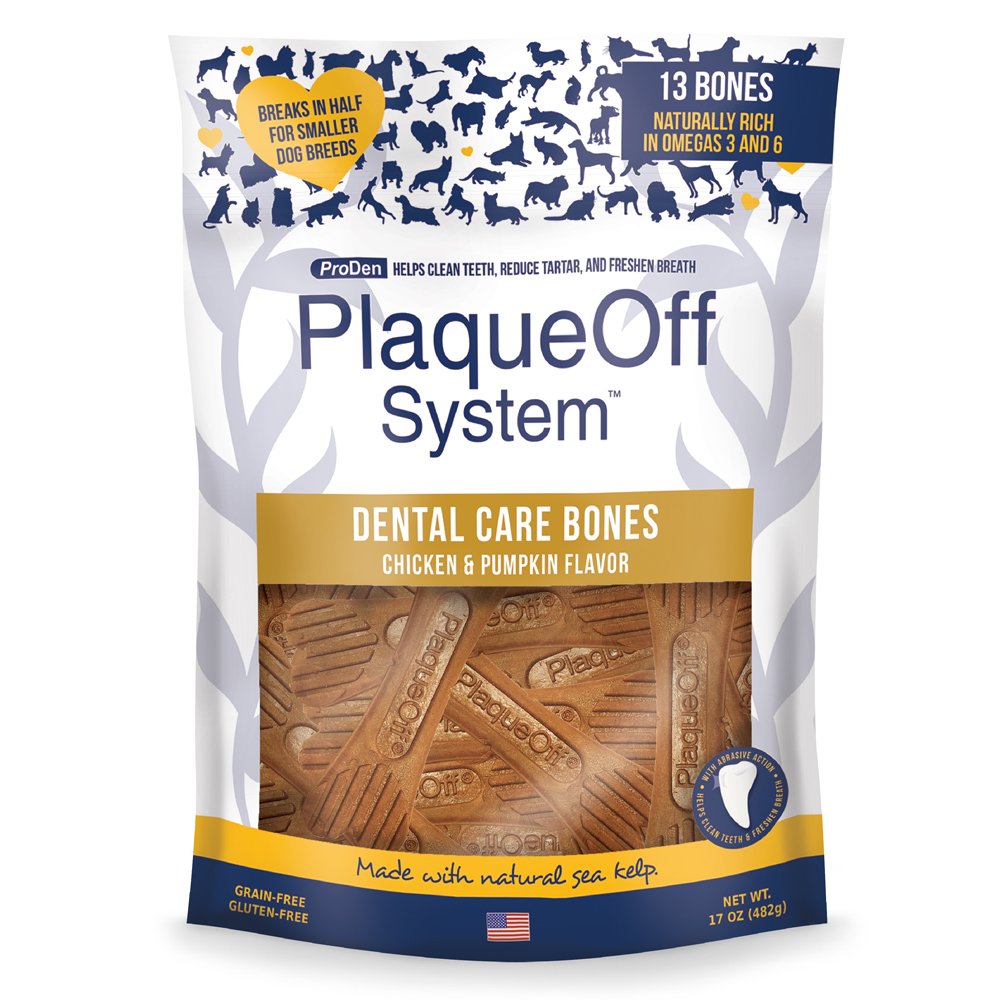 ProDen Plaque Off Dental Care Bones Chicken & Pumpkin 485g pack – natural dog dental chews that help reduce plaque, freshen breath, and support oral health"