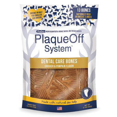 ProDen Plaque Off Dental Care Bones Chicken & Pumpkin 485g pack – natural dog dental chews that help reduce plaque, freshen breath, and support oral health"