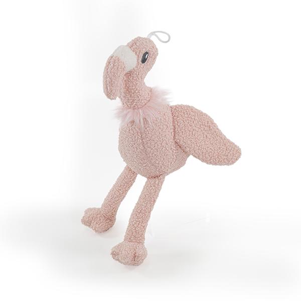 Pink plush flamingo toy on a white background