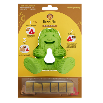 Dogsee Play Treatoy Yeti with 5 Himalayan cheese nuggets in packaging – microwaveable green dog toy that puffs up treats for interactive chewing and dental care