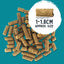 Dog food with size measurement label on a teal background