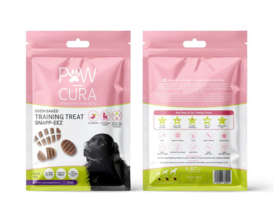 Two packages of Paw Cura dog training treats on a white background