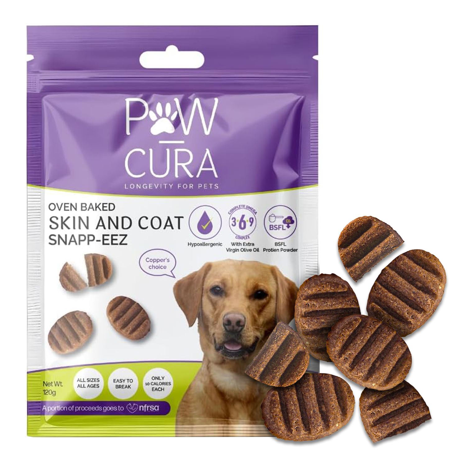 Paw Cura dog treat package with treats displayed in front
