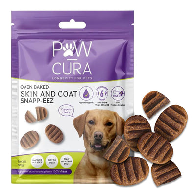 Paw Cura dog treat package with treats displayed in front