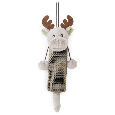 Cupid & Comet reindeer cardboard cat scratcher with hanging loop, soft plush reindeer head and limbs, and a durable corrugated center for claw sharpening and festive enrichment