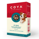 A collection of COYA brand dog food packages in various flavors including chicken, turkey, beef, fish, and pork. The packaging is colorful with images of the food and dogs on it.