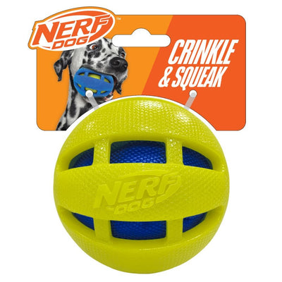 Nerf Dog Toy TPR Checker Squeak & Crunch Ball 3.8in – Blue/Green