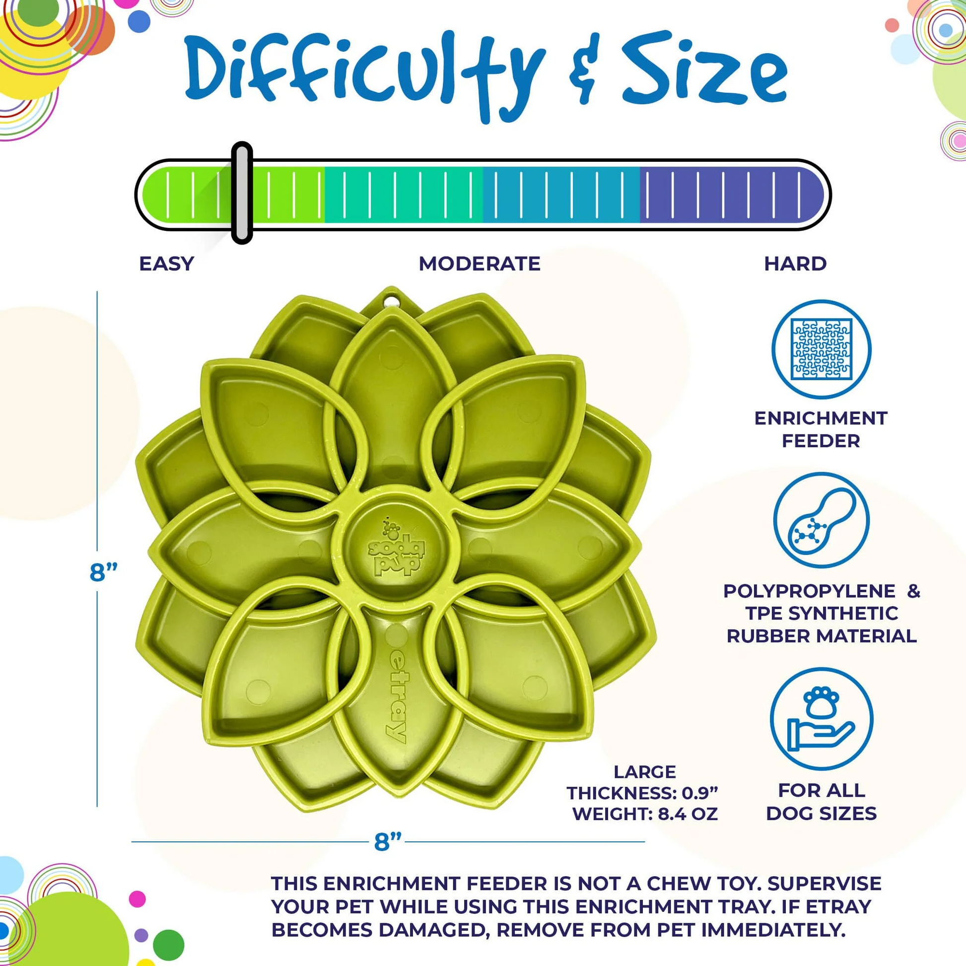 Green dog toy with text on difficulty, size, and material