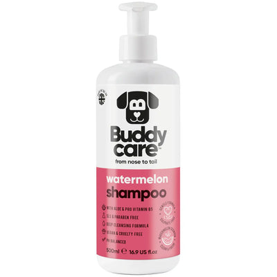 Buddycare Watermelon Dog Shampoo – fruity scented dog shampoo with Aloe Vera and Pro Vitamin B5, free from SLS and parabens.

