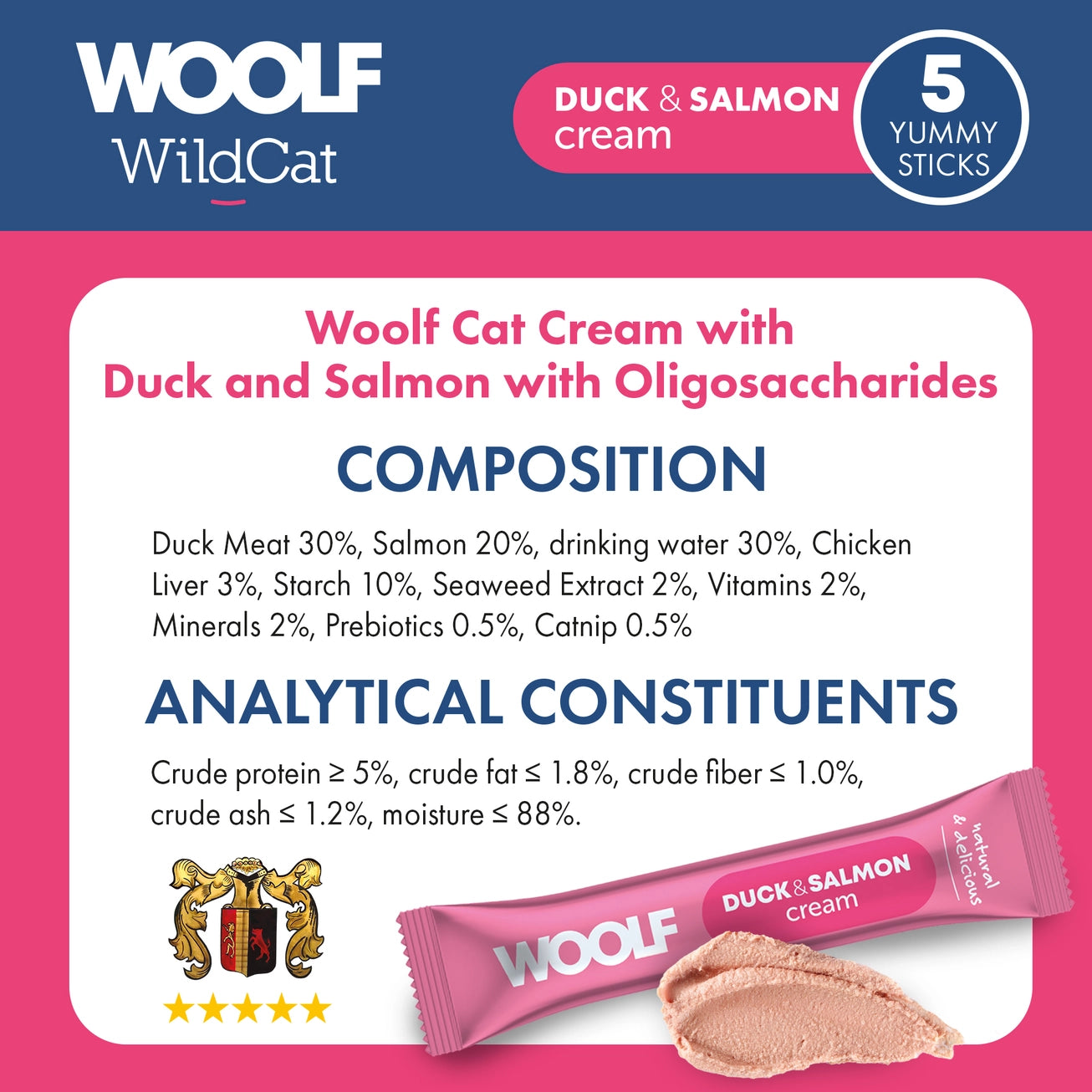 Woolf Wildcat Cream Cat Treats Duck & Salmon 5 x 14g