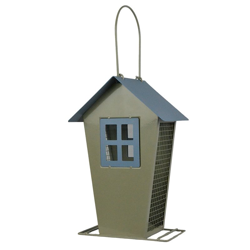 Bird feeder for peanuts with a blue roof and window on a white background