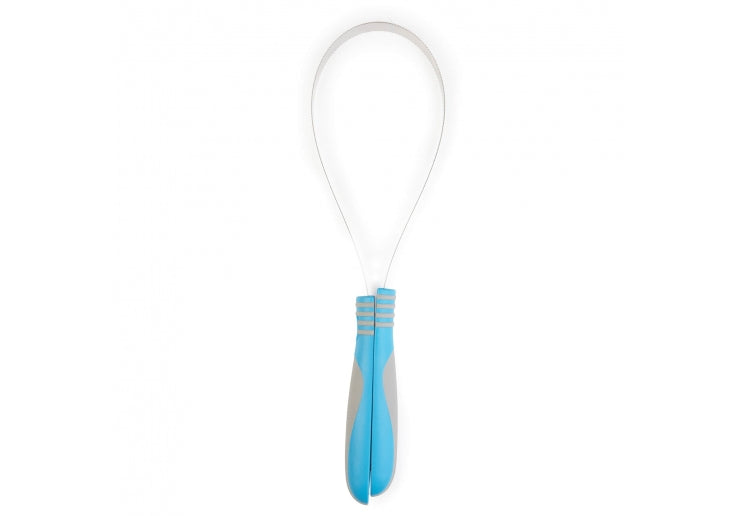 White Pet Deshedding brush with blue handle on a white background