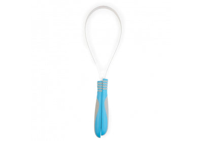 White Pet Deshedding brush with blue handle on a white background