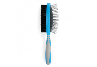 Two-sided pet grooming brush with black bristles on one side and metal pins on the other, on a white background.