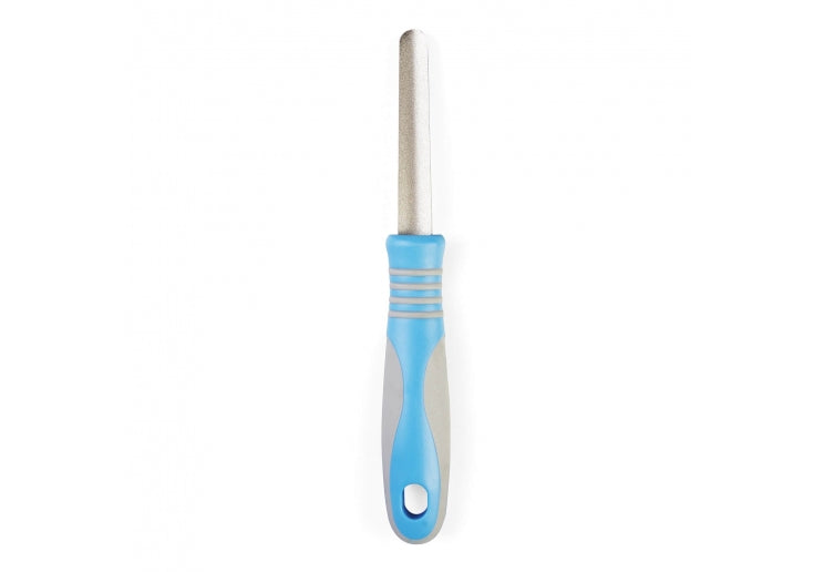 Metal tool with a blue handle on a white background