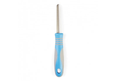 Metal tool with a blue handle on a white background