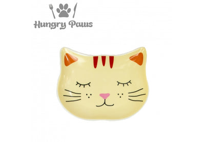 Cat-shaped ceramic dish with 'Hungry Paws' logo on a white background
